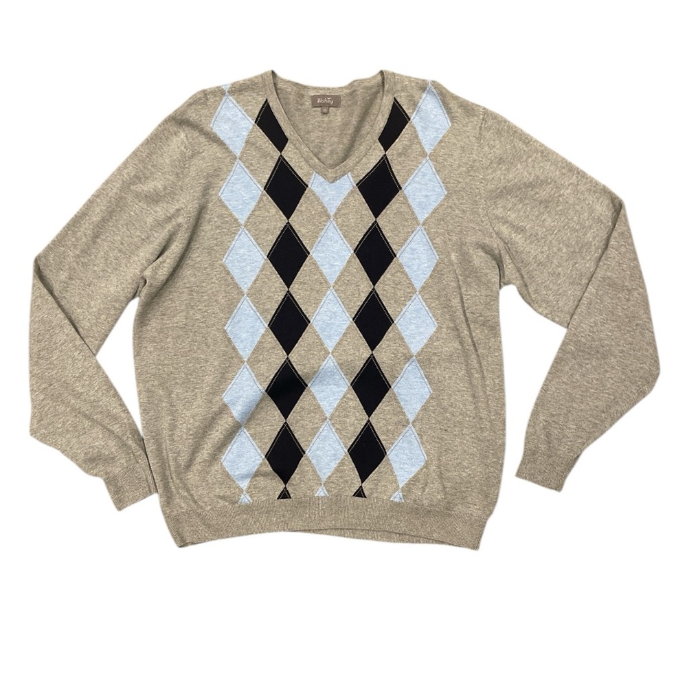 Wolsey XL Grey Argyle V-Neck Cotton Sweater Classic Preppy